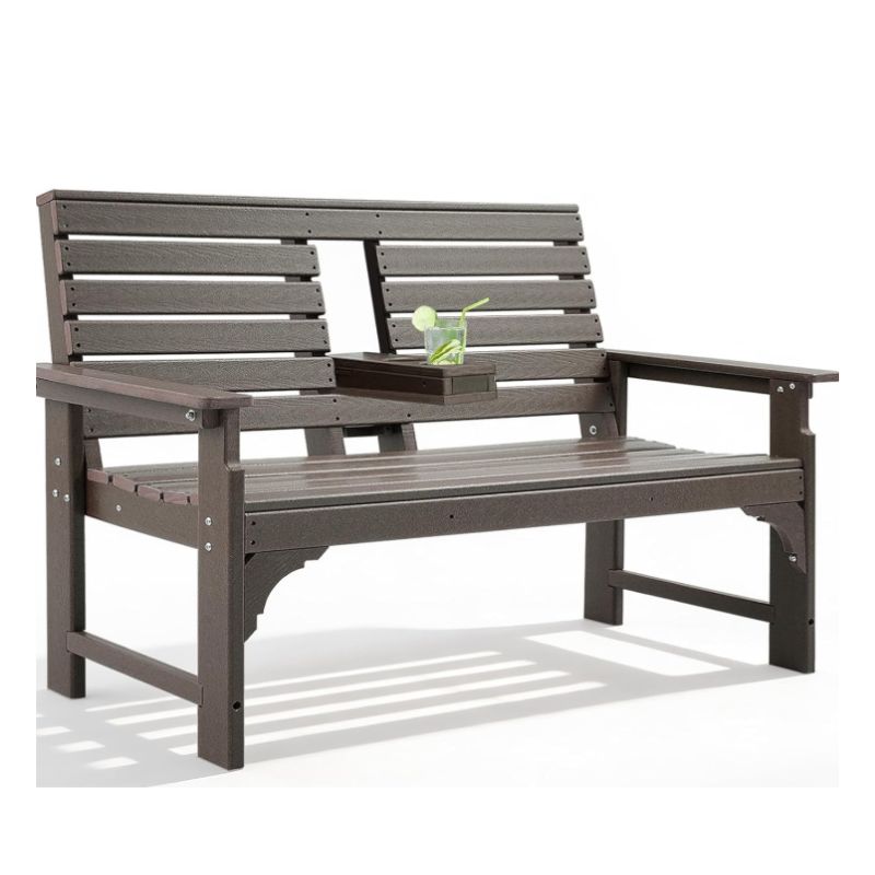 2-Person HDPE Outdoor Garden Bench with Built-In Cup Holder – 700 lb Capacity, Weatherproof Patio Bench in Brown | Willow Haven Co brown HDPE outdoor garden bench with built-in cup holder and armrests