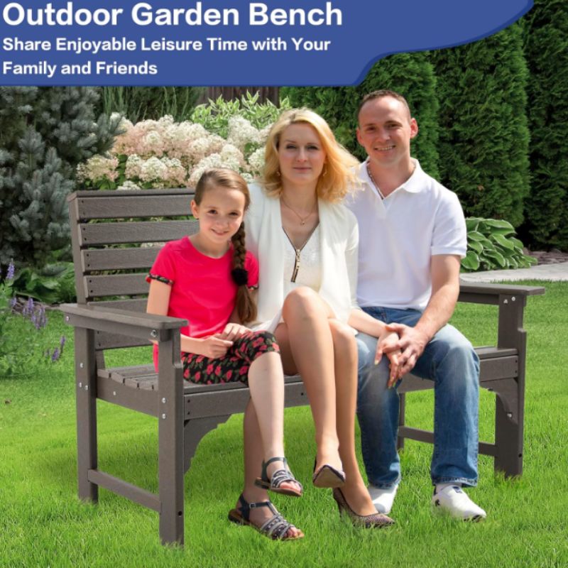 2-Person HDPE Outdoor Garden Bench with Built-In Cup Holder – 700 lb Capacity, Weatherproof Patio Bench in Brown | Willow Haven Co family sitting on brown 2-person outdoor garden bench in backyard