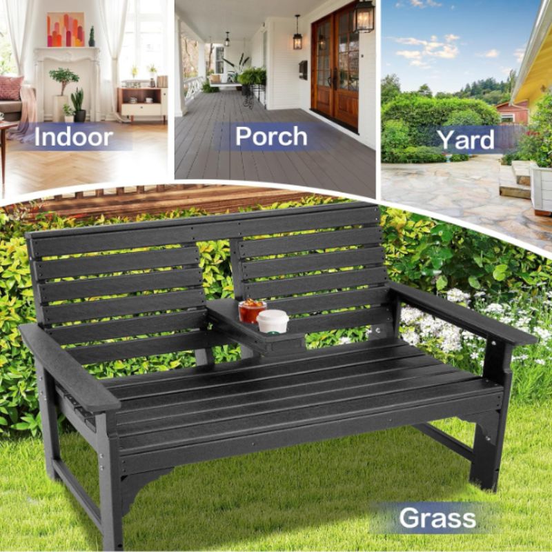 2-Person HDPE Outdoor Garden Bench with Built-In Cup Holder – 700 lb Capacity, Weatherproof Patio Bench in Brown | Willow Haven Co weather resistant HDPE outdoor bench for porch, patio, yard, or garden