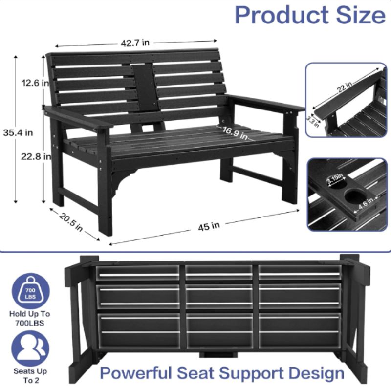 2-Person HDPE Outdoor Garden Bench with Built-In Cup Holder – 700 lb Capacity, Weatherproof Patio Bench in Brown | Willow Haven Co dimensions of 2-person HDPE outdoor garden bench with cup holder