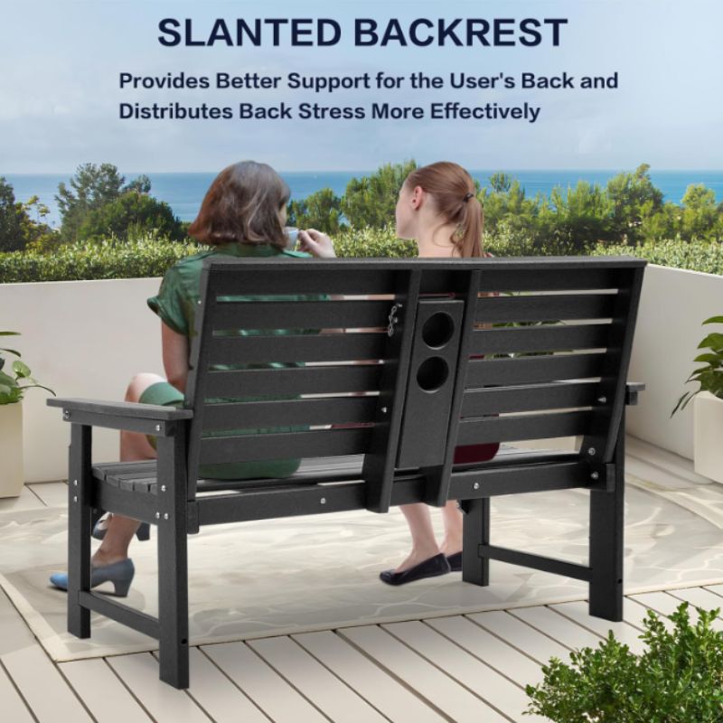2-Person HDPE Outdoor Garden Bench with Built-In Cup Holder – 700 lb Capacity, Weatherproof Patio Bench in Brown | Willow Haven Co outdoor bench with slanted backrest and center cup holders