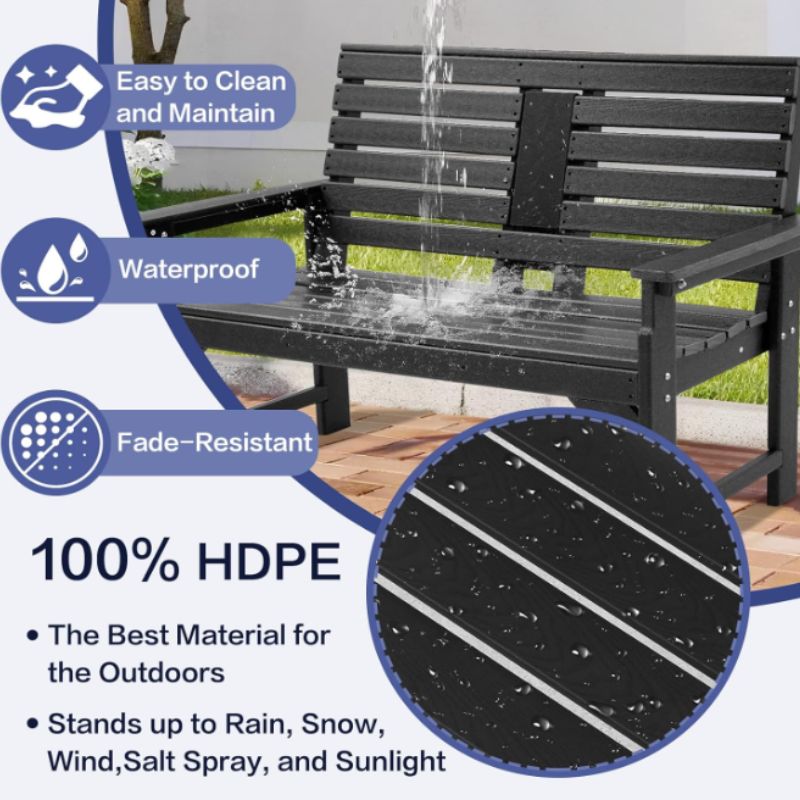 2-Person HDPE Outdoor Garden Bench with Built-In Cup Holder – 700 lb Capacity, Weatherproof Patio Bench in Brown | Willow Haven Co waterproof and fade resistant HDPE outdoor patio bench
