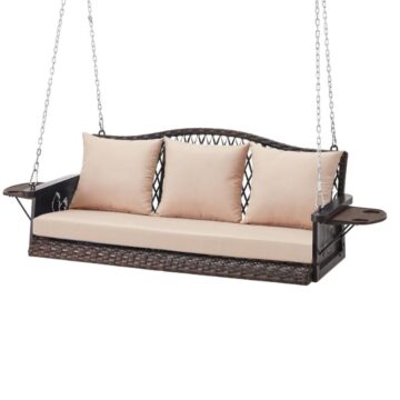 wicker porch swing 3 seat hanging outdoor swing with beige cushions