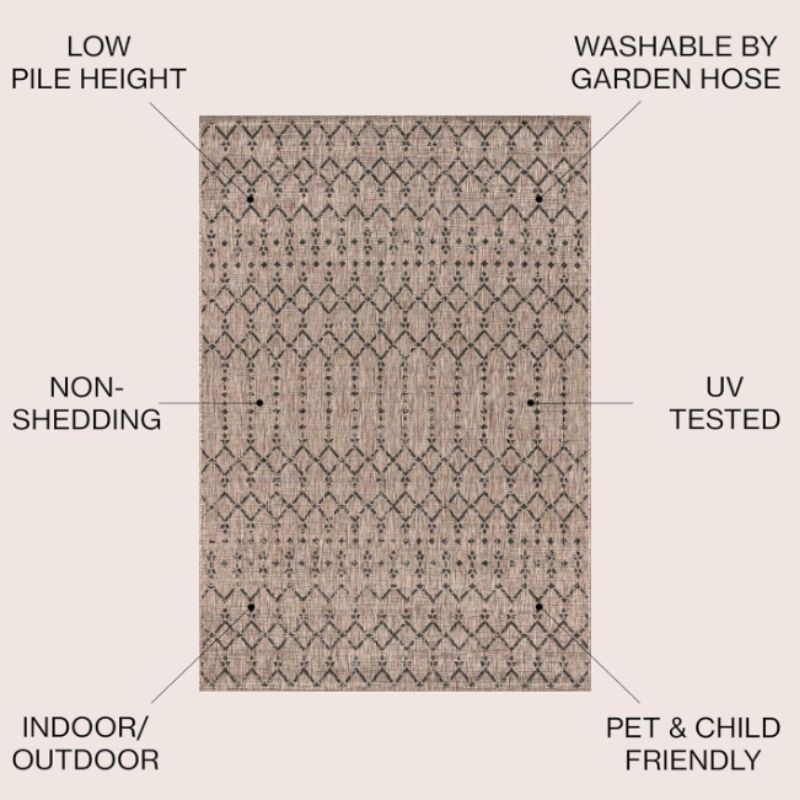 Moroccan Geometric Indoor Outdoor Area Rug – Natural & Black | Willow Haven Co low pile moroccan geometric outdoor rug texture