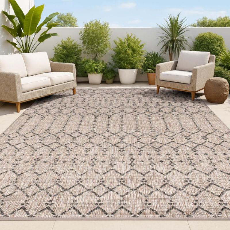 Cozy Porch Ideas for Relaxing Outdoor Spaces | Willow Haven Co moroccan geometric outdoor area rug on patio seating area