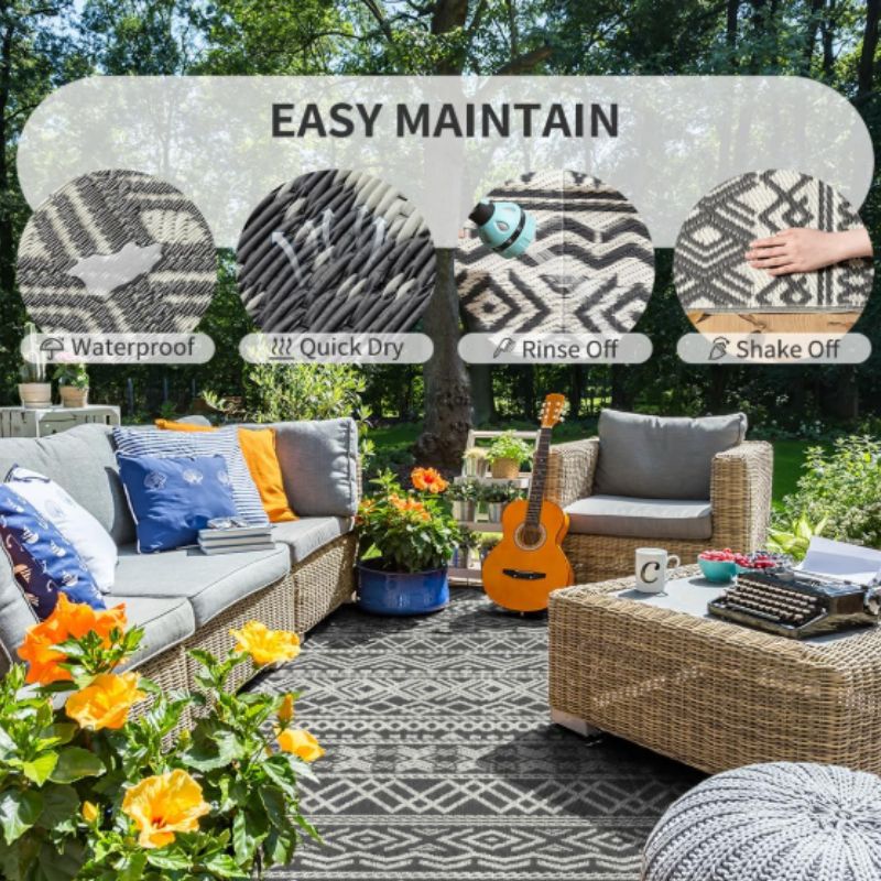 MontVoo Reversible Outdoor Patio Rug 8x10 – Waterproof Boho Plastic Straw Rug | Willow Haven Co easy clean waterproof outdoor patio rug