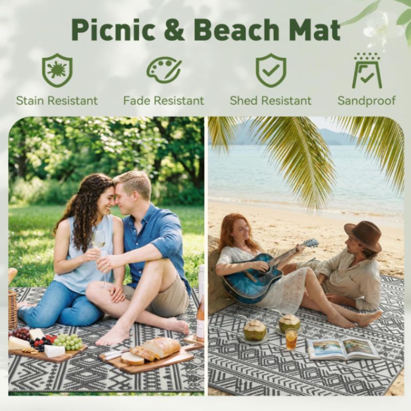 MontVoo Reversible Outdoor Patio Rug 8x10 – Waterproof Boho Plastic Straw Rug | Willow Haven Co reversible outdoor rug used as picnic and beach mat