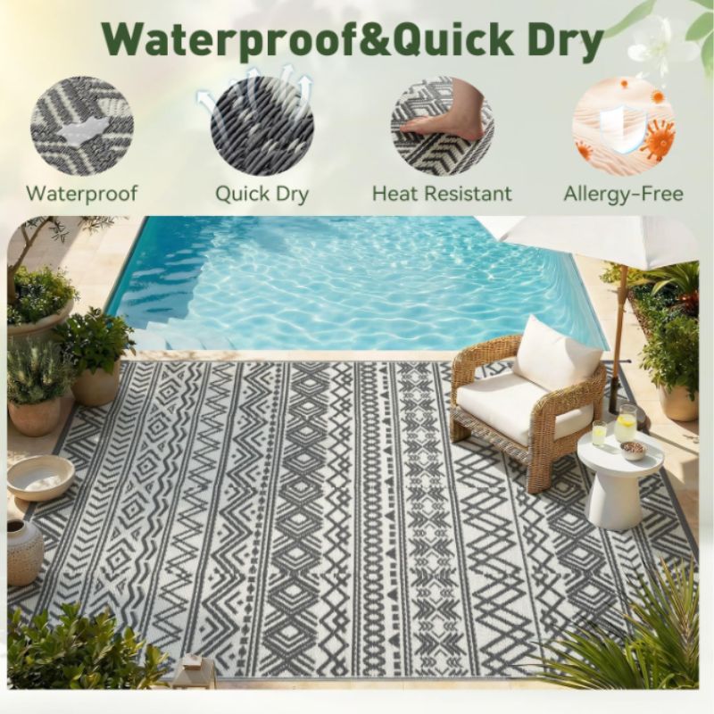 MontVoo Reversible Outdoor Patio Rug 8x10 – Waterproof Boho Plastic Straw Rug | Willow Haven Co waterproof quick dry outdoor patio rug by pool