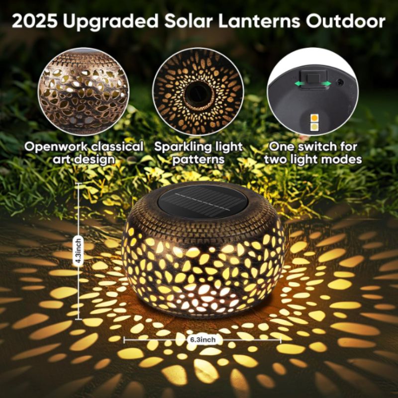Solar Outdoor Lanterns – Bronze Metal Tabletop Patio Lights (2 Pack) | Willow Haven Co solar outdoor lantern openwork metal design light pattern