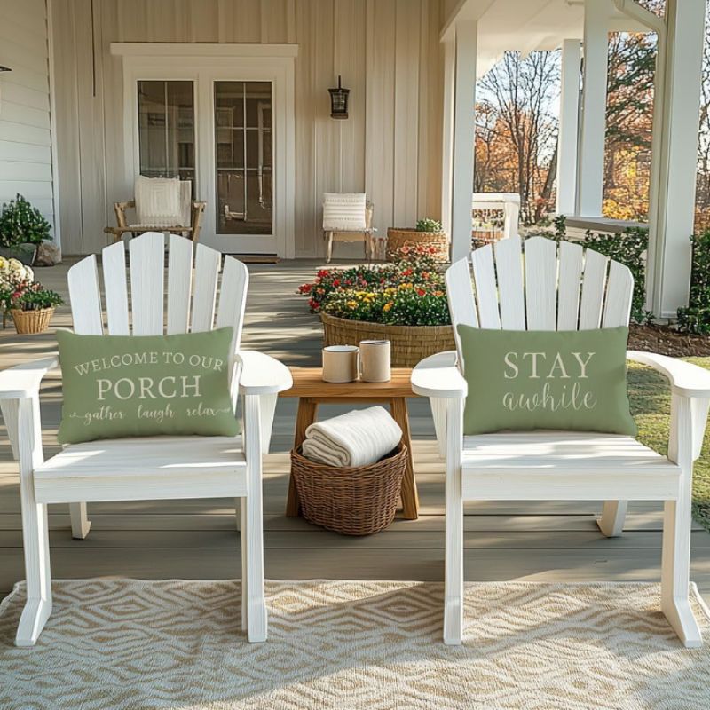 Cozy Porch Ideas for Relaxing Outdoor Spaces | Willow Haven Co welcome to our porch stay awhile outdoor pillow covers on white porch chairs