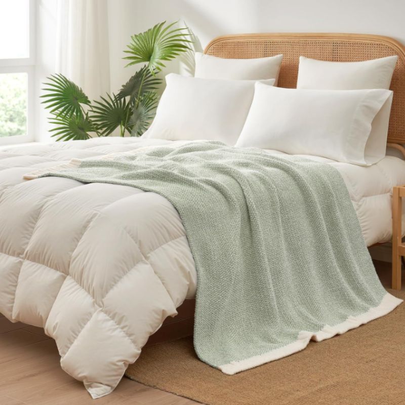 Snuggle Sac Heather Sage Green Throw Blanket – Soft Cozy Knit Throw (50" x 60") | Willow Haven Co sage green throw blanket draped across white bed