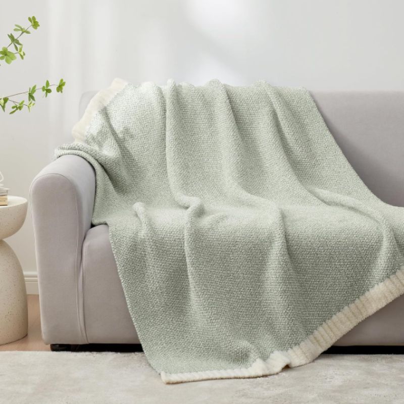 Snuggle Sac Heather Sage Green Throw Blanket – Soft Cozy Knit Throw (50" x 60") | Willow Haven Co sage green knit throw blanket draped over sofa
