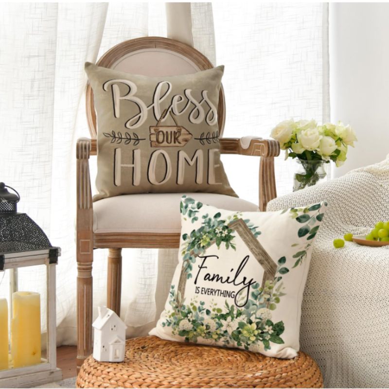 Spring Floral Eucalyptus Pillow Covers – Set of 4 Farmhouse Throw Pillow Covers 18"x18" | Willow Haven Co farmhouse eucalyptus throw pillow covers styled on chair