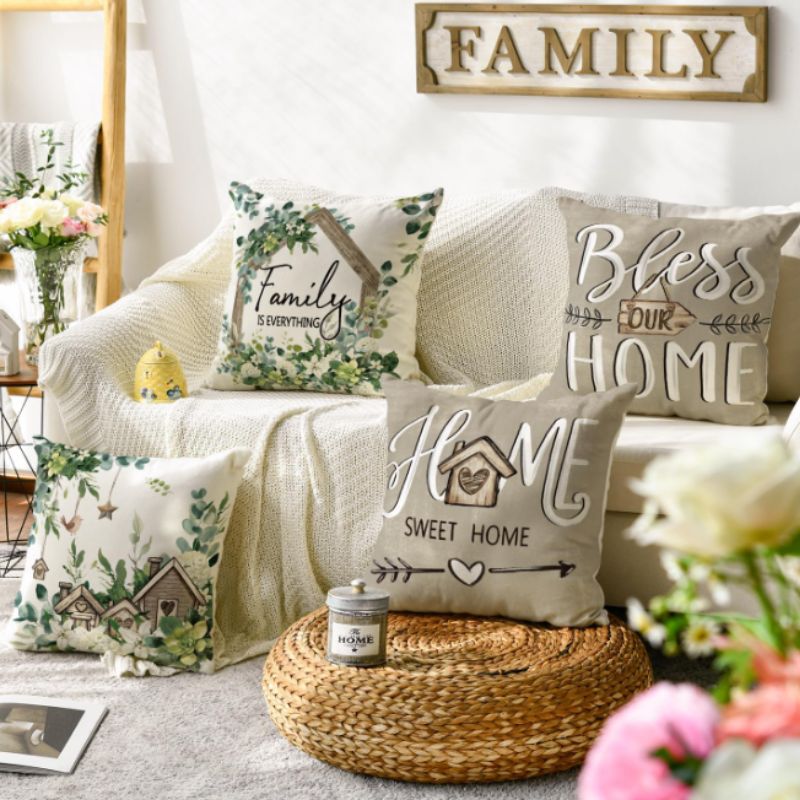 Spring Floral Eucalyptus Pillow Covers – Set of 4 Farmhouse Throw Pillow Covers 18"x18" | Willow Haven Co farmhouse living room styled with eucalyptus pillow covers