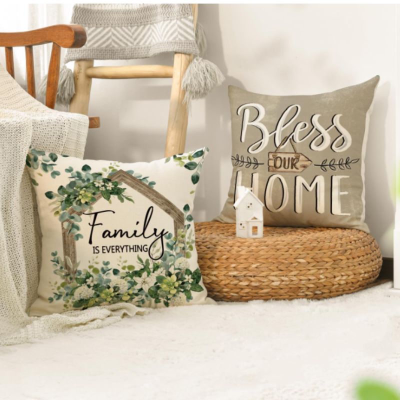 Spring Floral Eucalyptus Pillow Covers – Set of 4 Farmhouse Throw Pillow Covers 18"x18" | Willow Haven Co spring botanical pillow covers styled with cozy home decor
