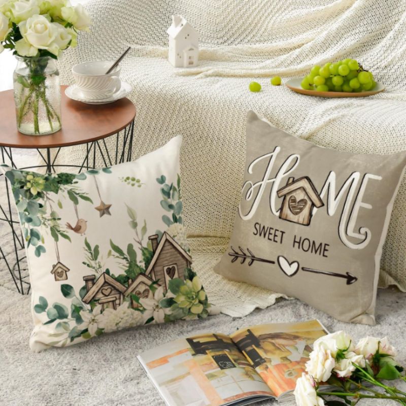 Spring Floral Eucalyptus Pillow Covers – Set of 4 Farmhouse Throw Pillow Covers 18"x18" | Willow Haven Co spring botanical pillow covers styled with cozy decor