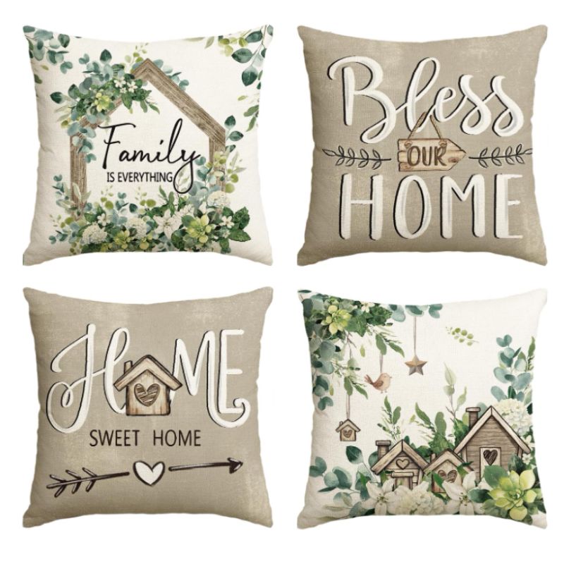 Spring Floral Eucalyptus Pillow Covers – Set of 4 Farmhouse Throw Pillow Covers 18"x18" | Willow Haven Co spring farmhouse eucalyptus pillow covers set of 4