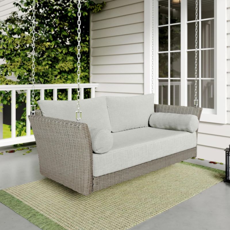Wicker Porch Swing Daybed with Cushions – Sonoma Outdoor Hanging Patio Swing | Willow Haven Co gray wicker porch swing with cushions hanging on covered porch