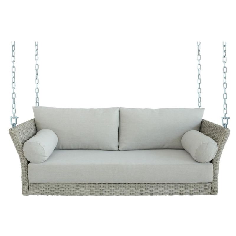 Wicker Porch Swing Daybed with Cushions – Sonoma Outdoor Hanging Patio Swing | Willow Haven Co front view wicker porch swing sofa with thick outdoor cushions