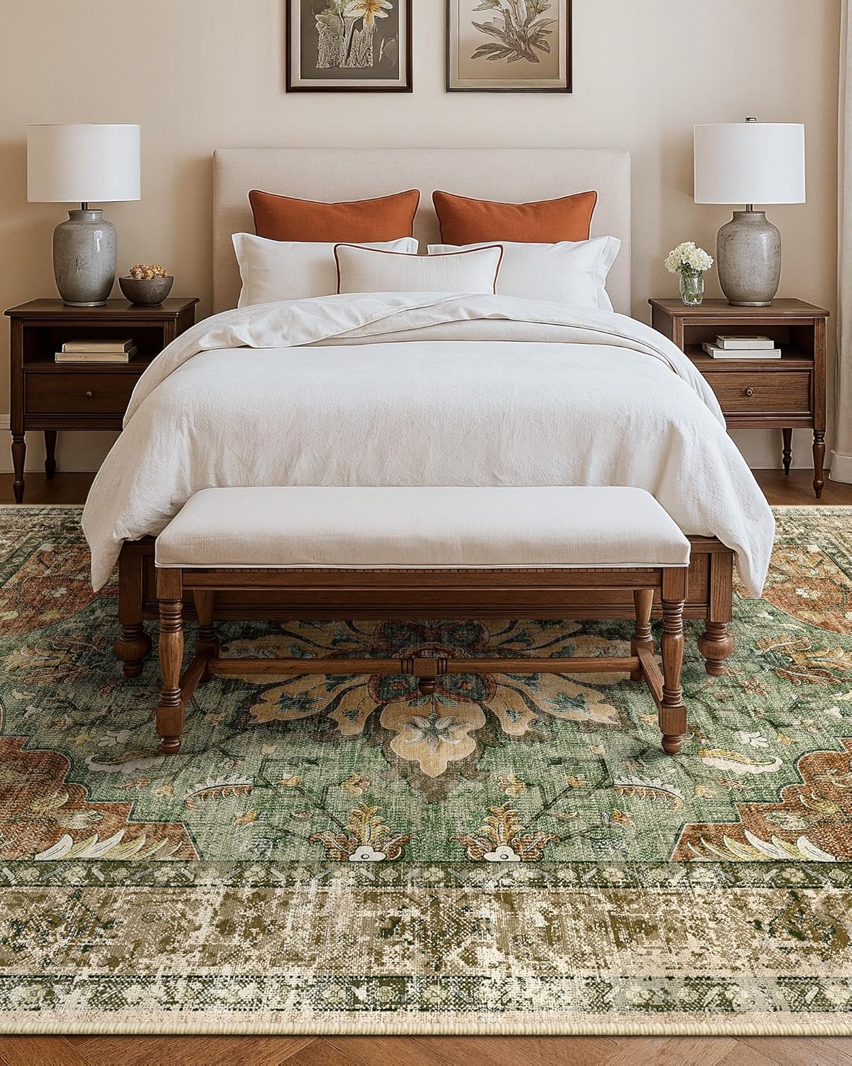 Vintage Floral Washable Area Rug – Non-Slip, Cozy Green Medallion Rug | Willow Haven Co soft green vintage area rug under bed in cozy bedroom