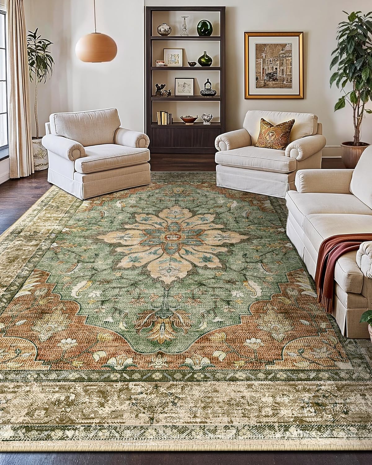 Vintage Floral Washable Area Rug – Non-Slip, Cozy Green Medallion Rug | Willow Haven Co green vintage area rug styled in warm cozy living room with fireplace