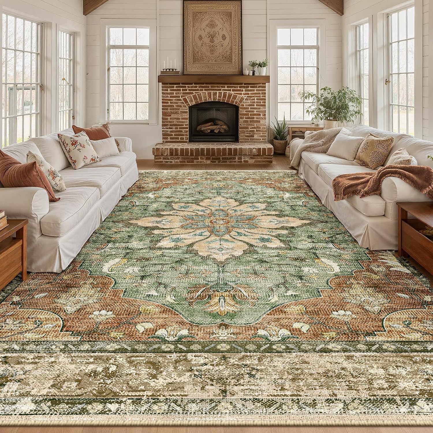 Vintage Floral Washable Area Rug – Non-Slip, Cozy Green Medallion Rug | Willow Haven Co vintage green floral area rug in cozy neutral living room