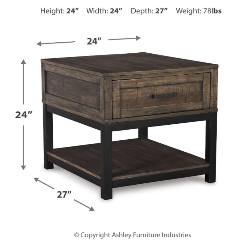 Rustic Wood End Table with Drawer & Shelf (Johurst Style) | Willow Haven Co End table dimensions showing width, depth, height, and weight