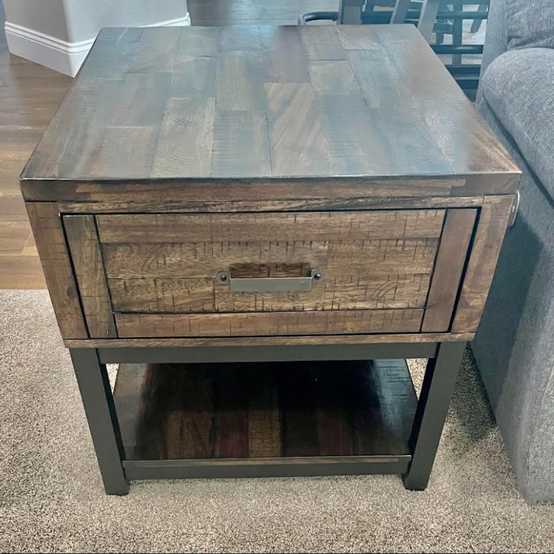 Rustic Wood End Table with Drawer & Shelf (Johurst Style) | Willow Haven Co Rustic end table with drawer closed and lower shelf in a living room