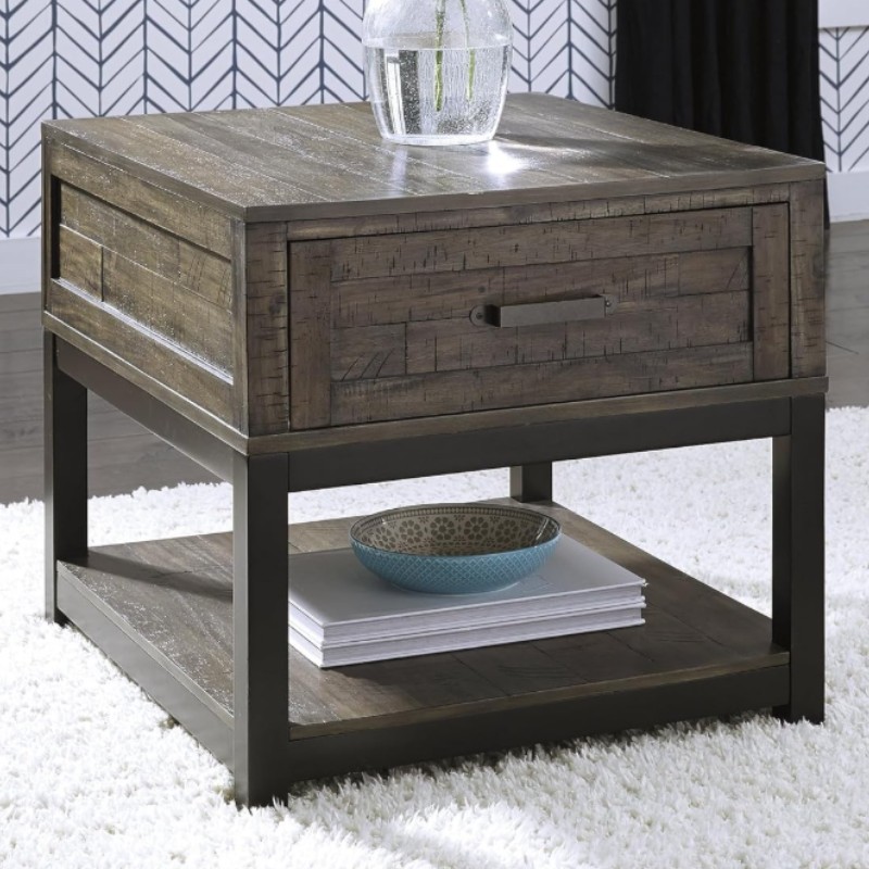 Rustic Wood End Table with Drawer & Shelf (Johurst Style) | Willow Haven Co Rustic end table styled with decor in a cozy living room setting