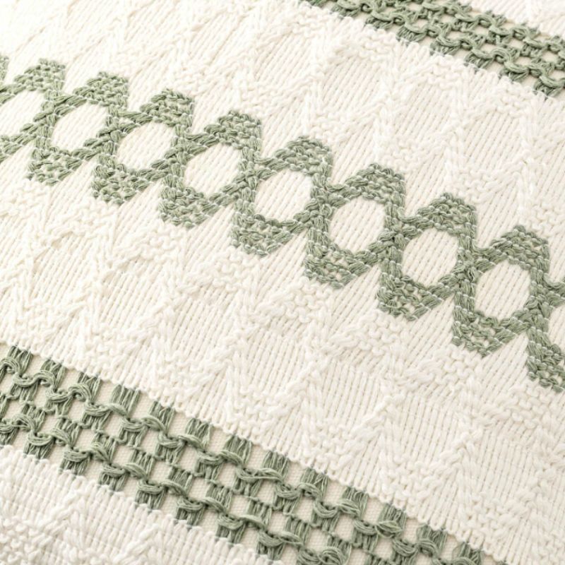 Sage Green & Cream Boho Pillow Covers (Set of 2) – Cozy Textured Accent | Willow Haven Co close up of sage green and cream woven macrame pillow cover texture