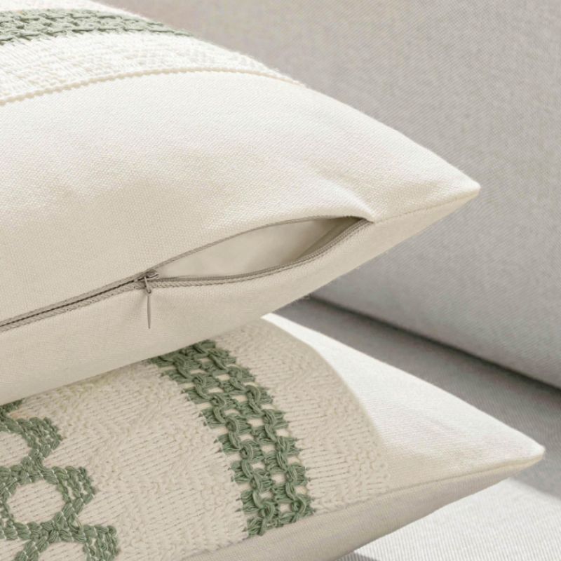 Sage Green & Cream Boho Pillow Covers (Set of 2) – Cozy Textured Accent | Willow Haven Co hidden zipper closure on sage green and cream pillow cover