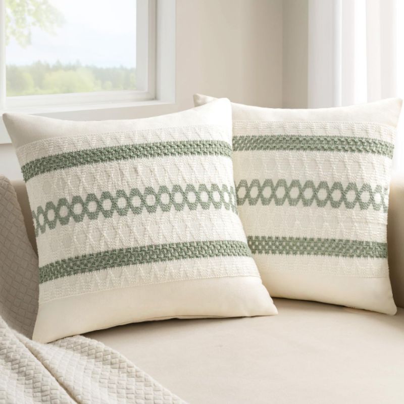 Sage Green & Cream Boho Pillow Covers (Set of 2) – Cozy Textured Accent | Willow Haven Co sage green and cream macrame pillow covers set on neutral sofa