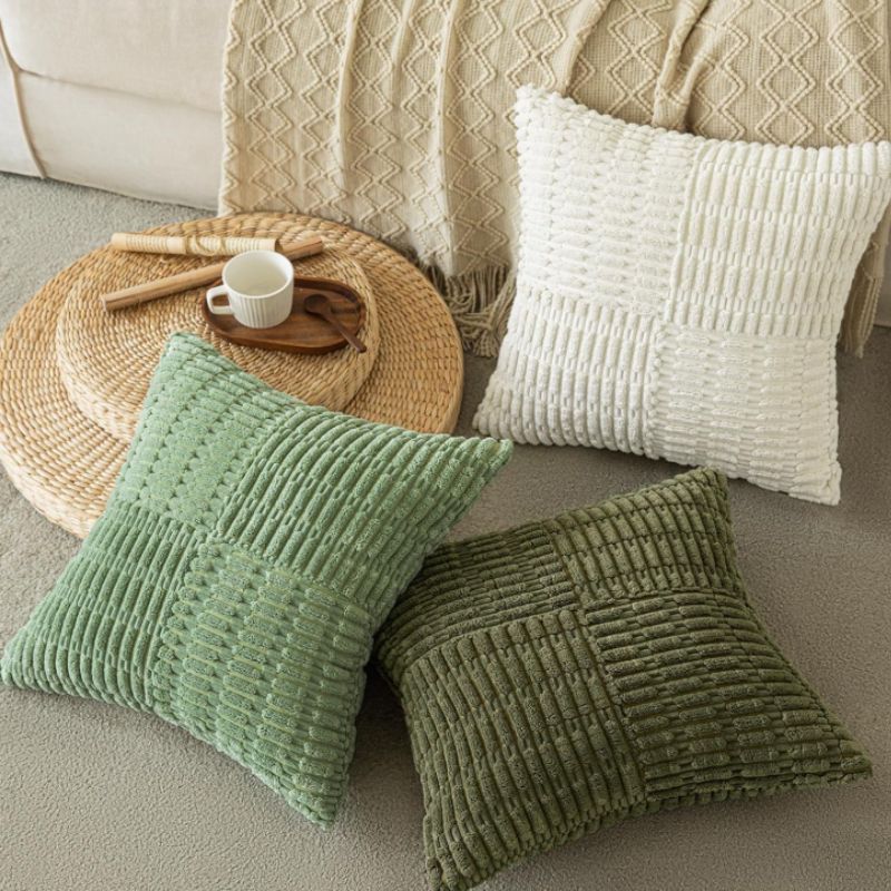 Textured Cream Corduroy Pillow Covers (Set of 2, 18x18 Neutral Throw Pillows) | Willow Haven Co cream textured pillow covers styled on sofa with cozy throw and neutral living room decor
