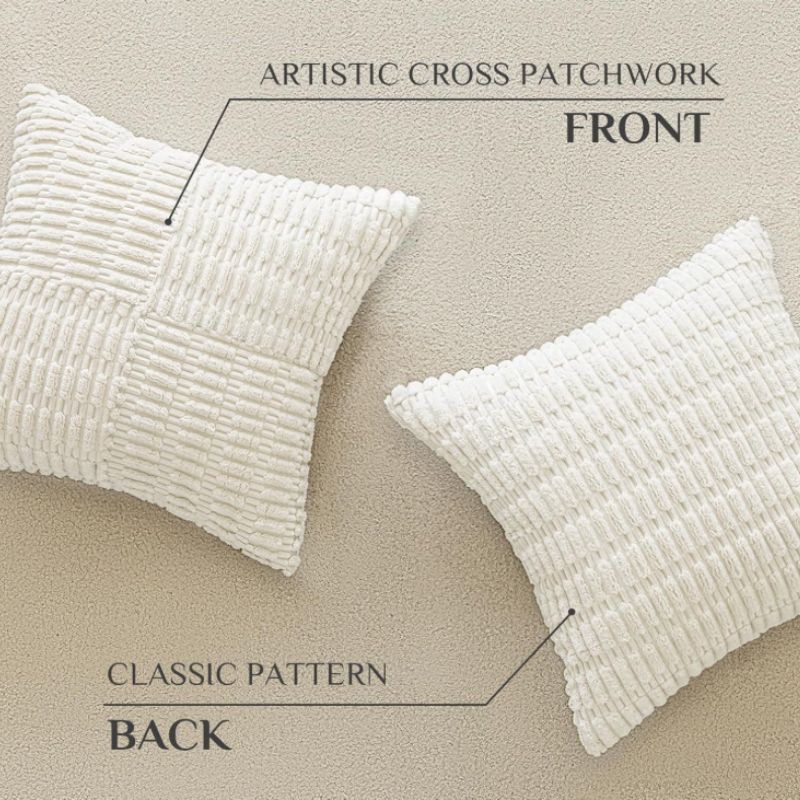 Textured Cream Corduroy Pillow Covers (Set of 2, 18x18 Neutral Throw Pillows) | Willow Haven Co textured patchwork front and classic back design of cream pillow cover