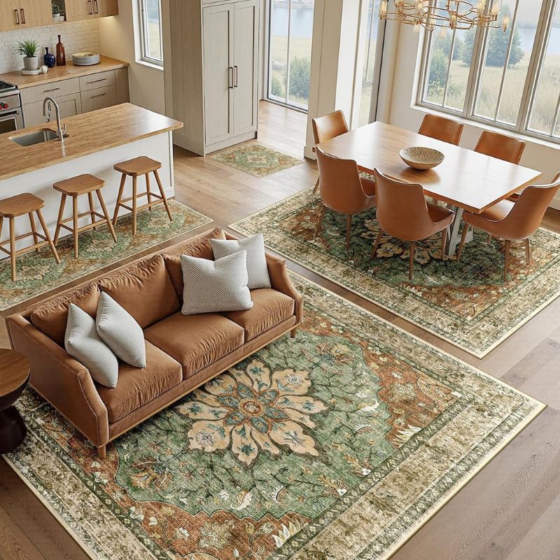 Vintage Floral Washable Area Rug – Non-Slip, Cozy Green Medallion Rug | Willow Haven Co vintage green area rug in open kitchen and dining space