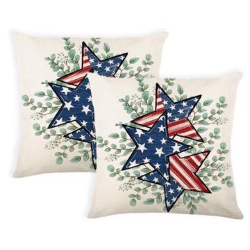 Cozy patriotic throw pillow covers with Americana stars and eucalyptus greenery