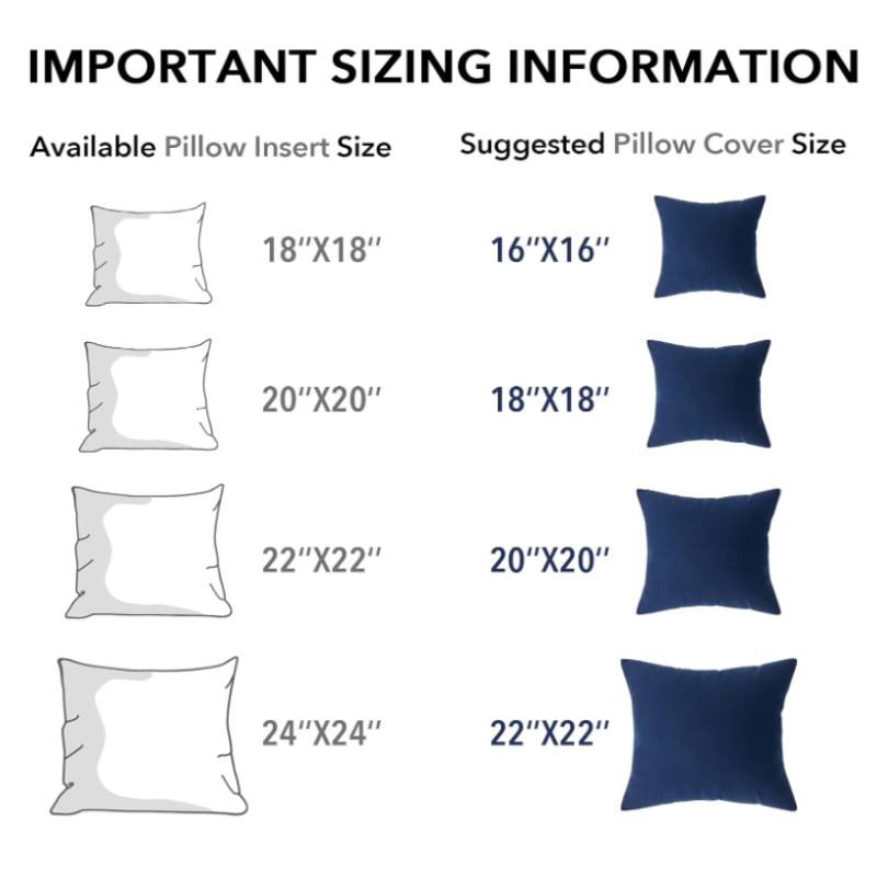 Firm and Fluffy 20 x 20 Throw Pillow Inserts (Set of 2) | Willow Haven Co Recommended pillow insert sizing guide for fuller decorative pillows