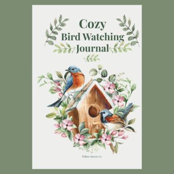 Cozy Bird Watching Journal cover featuring birds, birdhouse, and floral artwork