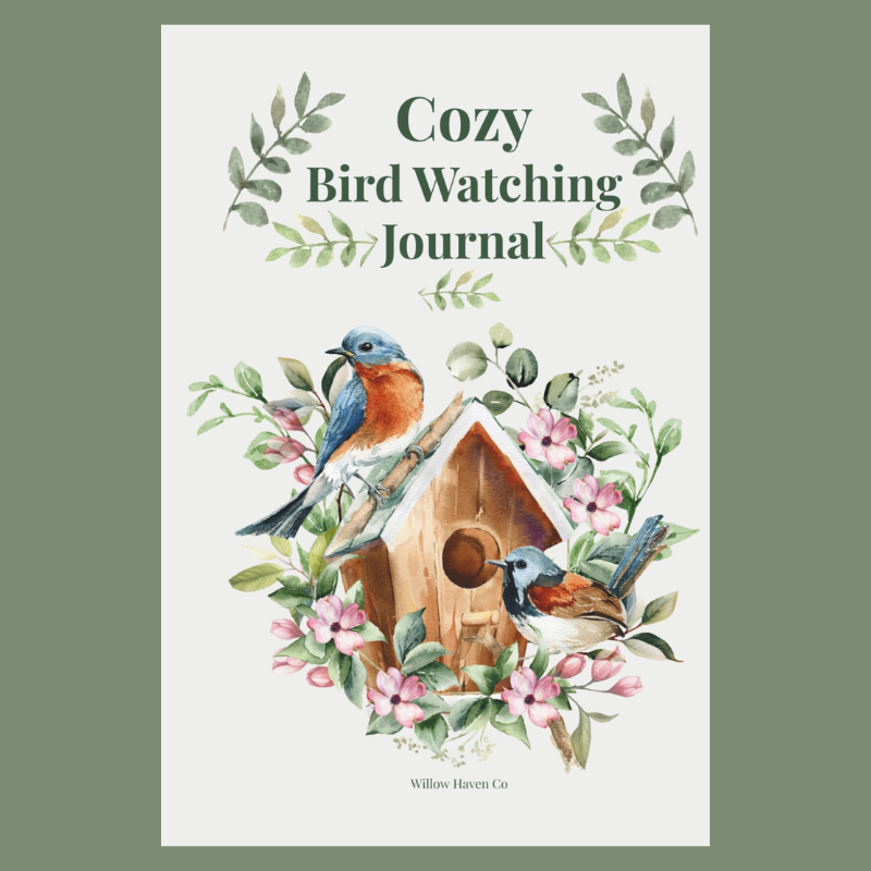 Cozy Bird Watching Journal: Sightings, Nature Notes, and Outdoor Discoveries | Willow Haven Co Cozy Bird Watching Journal cover featuring birds, birdhouse, and floral artwork