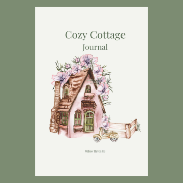 Cozy Cottage Journal cover featuring a watercolor cottage surrounded by soft pink flowers and cottage garden details.