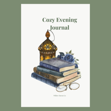 Cozy Evening Journal cover featuring lantern, books, and floral artwork