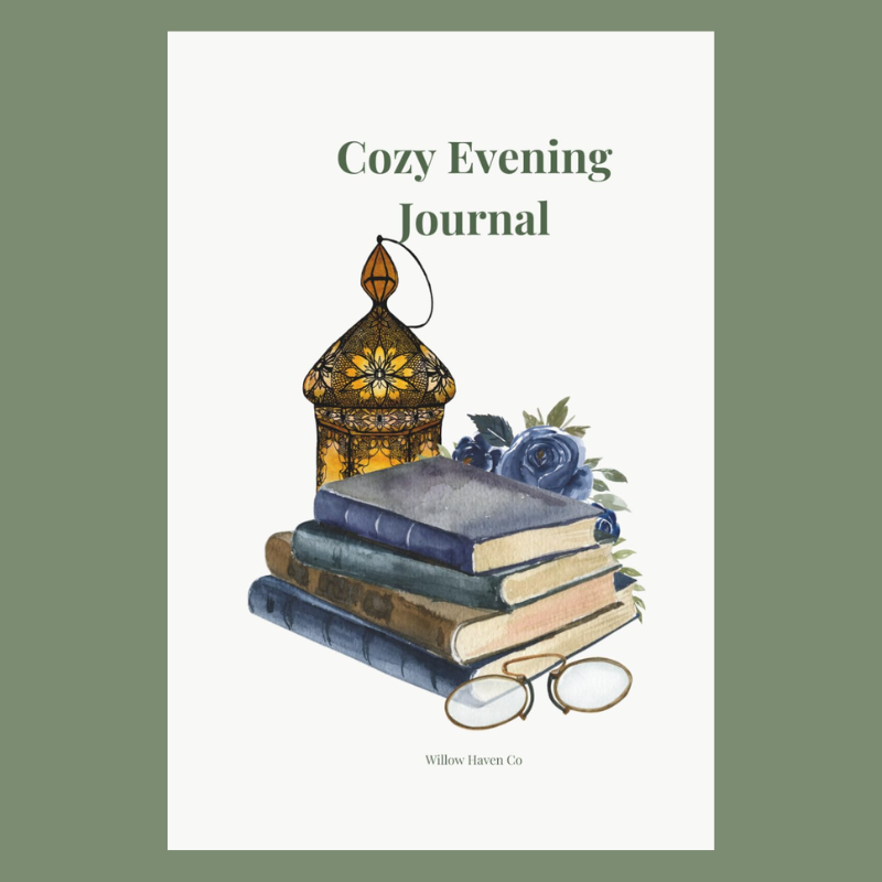 Cozy Evening Journal: Reflection, Gratitude, and Peaceful Moments | Willow Haven Co Cozy Evening Journal cover featuring lantern, books, and floral artwork