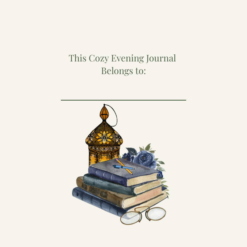 Cozy Evening Journal: Reflection, Gratitude, and Peaceful Moments | Willow Haven Co Cozy Evening Journal ownership page with lantern and books illustration