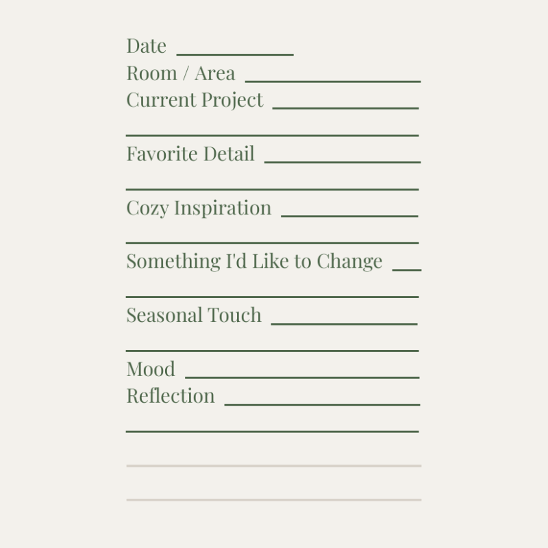 Cozy Home Journal: Home Projects, Decorating Ideas, and Reflections | Willow Haven Co Home reflection page with guided prompts and writing space