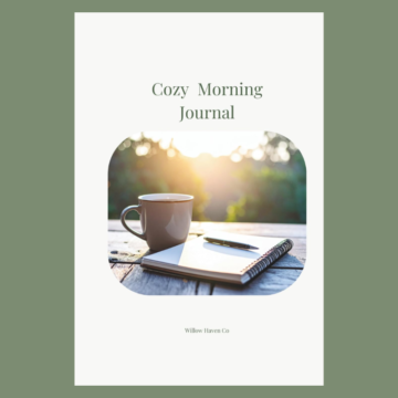 Cozy Morning Journal cover featuring coffee mug, notebook, and sunrise