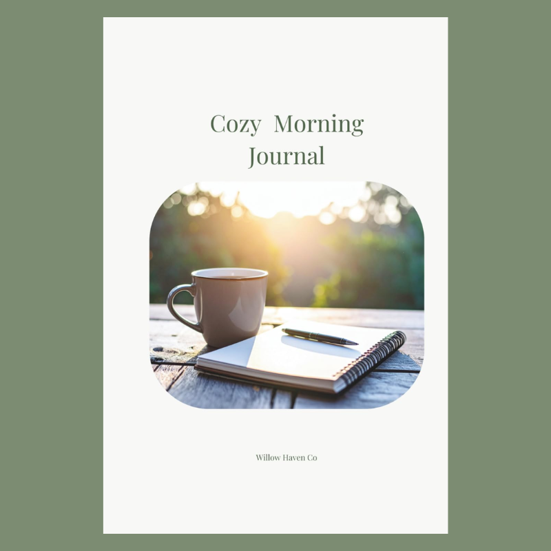 Cozy Morning Journal: Gratitude, Intentions, and Fresh Beginnings | Willow Haven Co Cozy Morning Journal cover featuring coffee mug, notebook, and sunrise