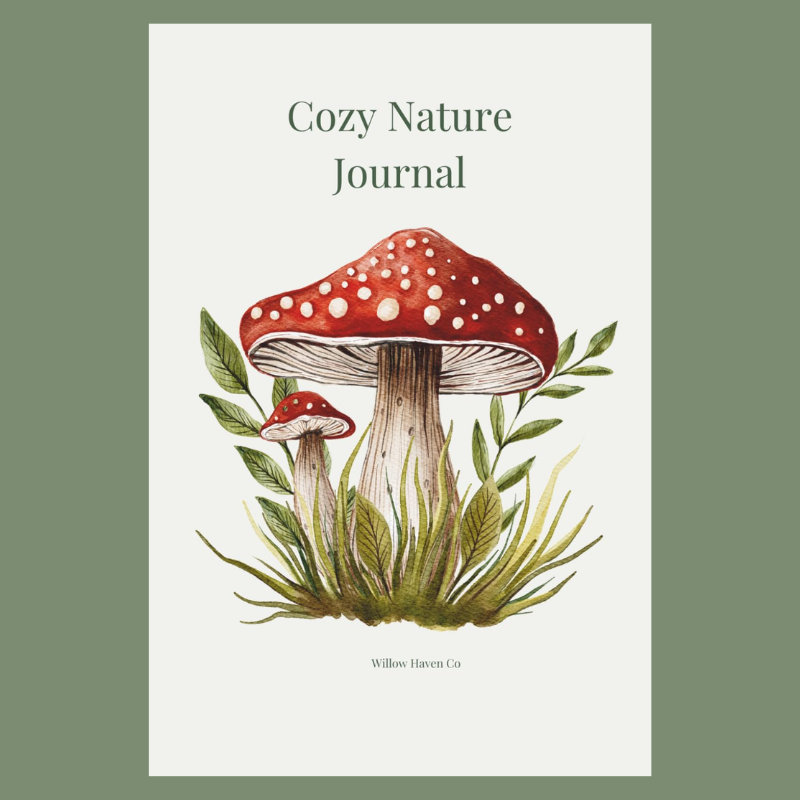 Cozy Nature Journal: Outdoor Reflections and Nature Observations | Willow Haven Co Cozy Nature Journal cover featuring woodland mushroom artwork