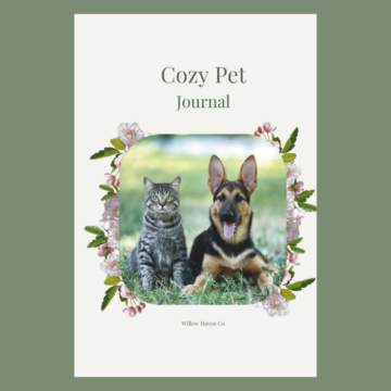 Cozy Pet Journal cover with cat, dog, and floral border.