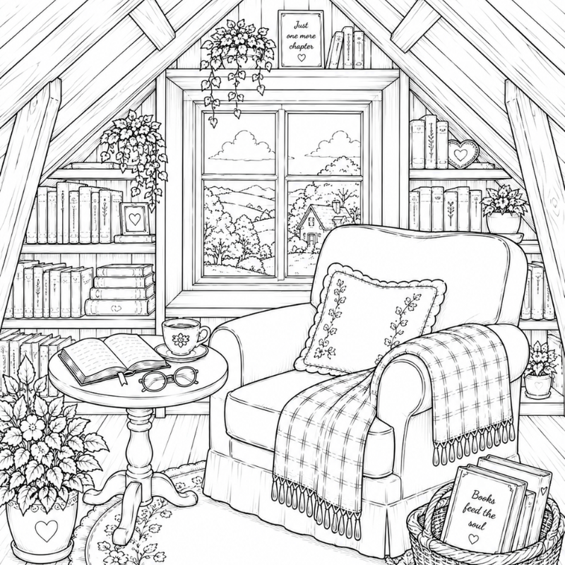 Cozy Reading Retreats Coloring Book: 50 Cozy Reading Retreat Scenes to Color | Willow Haven Co Attic reading nook coloring page