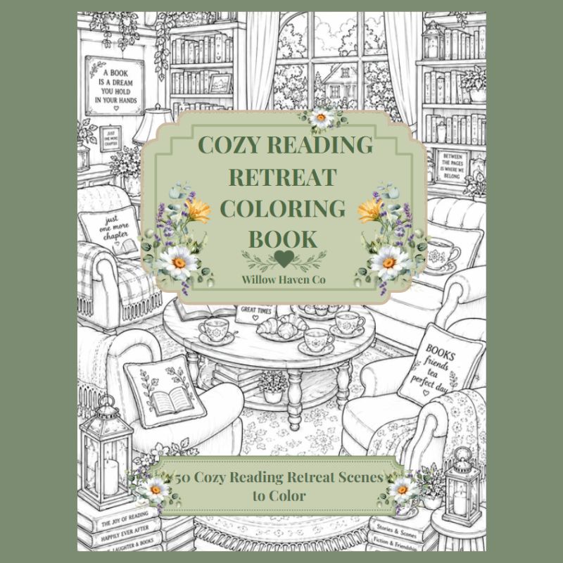 Cozy Reading Retreats Coloring Book: 50 Cozy Reading Retreat Scenes to Color | Willow Haven Co Cozy Reading Retreat Coloring Book Cover